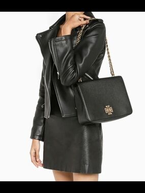 Tory Burch Black Leather Chain-Shoulder Bag with Gold Logo